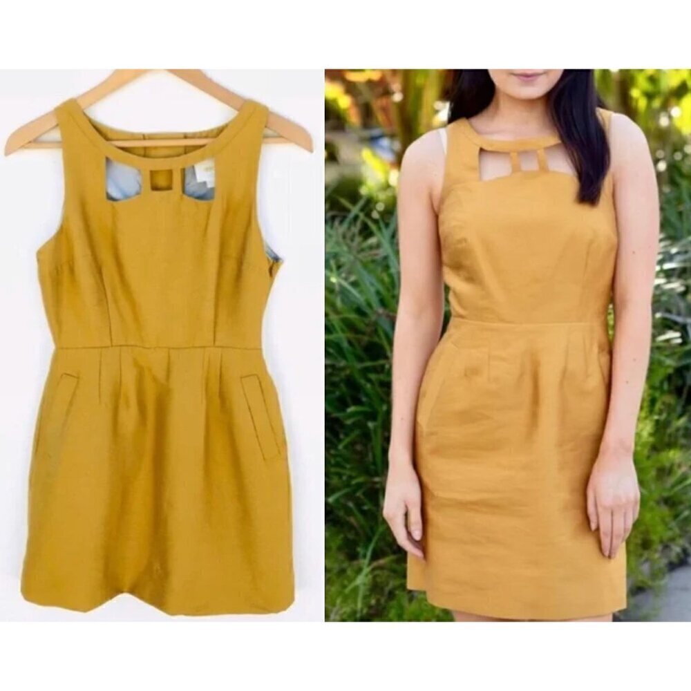 Anthropologie Mini Dress 6 Gold Cutout Silk Wool Cocktail Party Minimalist Fairy